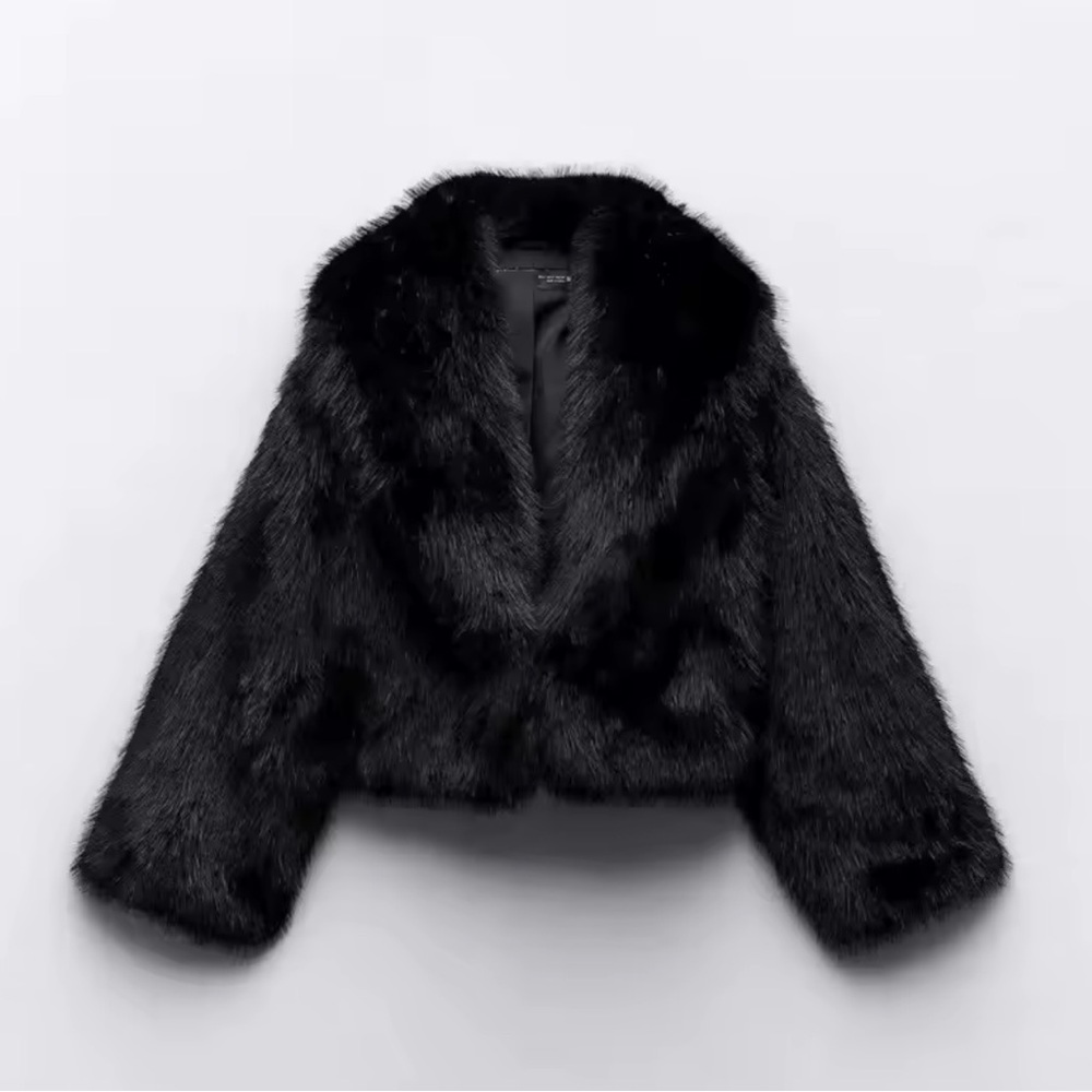 LAST 4❤️ Glam faux fur coat vintage style jacket cropped oversized black - Picture 3 of 13
